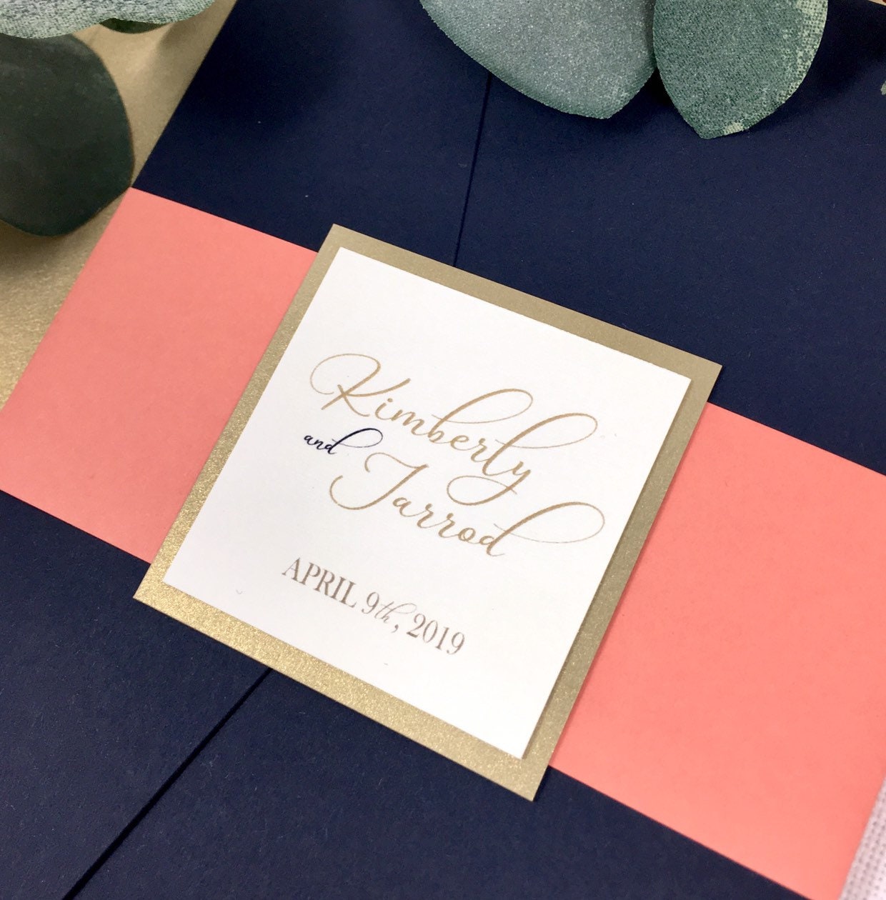 Navy Coral and Gold Wedding Invitations Navy and Coral Etsy