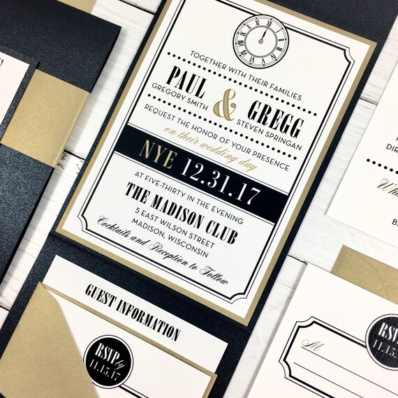 New Years Eve Wedding Invitation Black And Gold Wedding Etsy