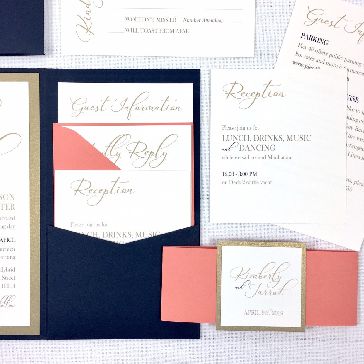 Navy Coral and Gold Wedding Invitations Navy and Coral Etsy