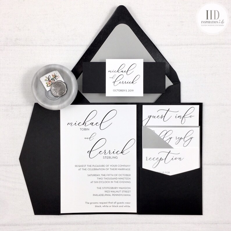 Black and White Pocket Wedding Invitations Black White and | Etsy