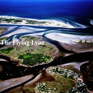 May include: Aerial view of a small island with green trees and a winding river. The water is a dark blue and the sand is white. The text "The Flying Lyon" is superimposed on the image.