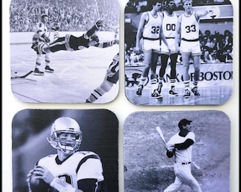 Posavasos con fotos de Boston, Bobby Orr, Tom Brady, Larry Bird, Ted Williams, USS Constitution, Boston Garden, horizonte de Boston, posavasos con fotos.