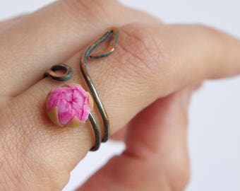 Peony ring Pink flower floral ring Peony jewelry Wire wrapped ring Polymer clay ring Flower ring Adjustable ring Peony Flower Gift ring