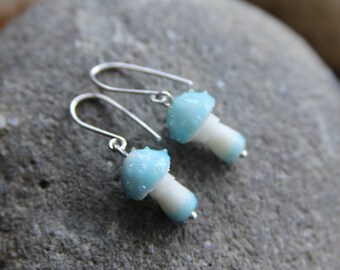 Tiny Blue Earrings Handmade Mushroom Earrings Blue Mushrooms Sterling Silver Aqua Blue Shroom Earrings GITD