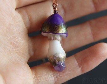 Woodland Purple Mushroom Necklace Toadstool Fantasy Nature Jewelry Mushroom Steampunk Amanita Polymer Clay Pendant Cute Shroom