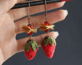 Red Strawberry Fruit dangle earrings, lightweight and comfortable earrings, made from fabric, by STORMVLAS
