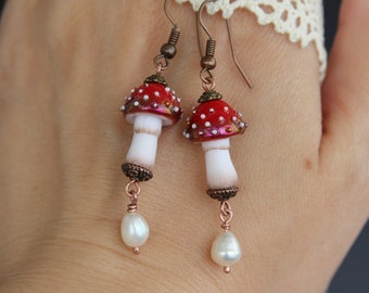 Red Mushroom Earrings Fungi Tiny Mushrooms Earrings Red Toadstool Earrings Fly Agaric Earrings Mushroom Earrings Handmade Earrings