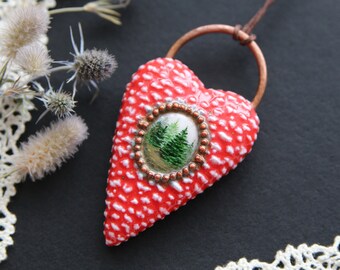 Fairy Woodland Amanita Pendant Handpainted Enchanted Forest Botanical Pendant Polymer Clay Hand Scupted Pendant Mystical Nature Heart