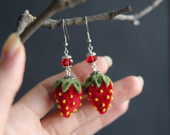 Velvet Fabric Red Strawberry Fruit Dangle earrings Lightweight Comfortable earrings Hypoallergenic Stainless steel Cottage Princess Style