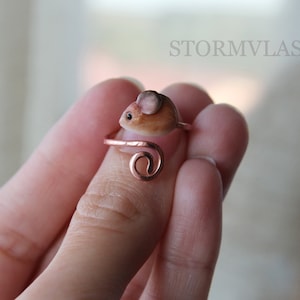 Könnte beinhalten: Ein Ring aus Kupferdraht mit einer kleinen, braunen und weißen Mausfigur. Die Maus schaut nach links.