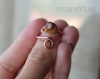 Adjustable Mouse Ring Totem Ring Mouse Mice Animal Lover Jewelry Open Ring Adjustable Ring Size Polymer Clay Ring Animal Jewelry Cute Ring