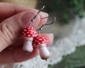 Mushroom Red Earrings Realistic Mushroom Magic Hand Made Cute Miniature Amanita Hipoalergenic Earrings Red Fungi Earrings