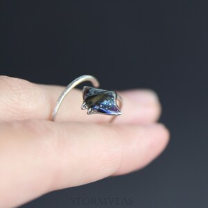 May include: A silver ring with a black and blue stingray design. The ring is on a finger.