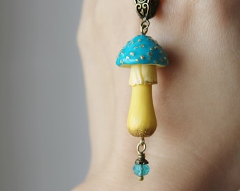 Blue Yellow Mushroom Necklace Fantasy Jewelry Nature Inspired Hand Painted Amanita Pendant Forest Soul Polymer Clay Pendant Pagan Witch