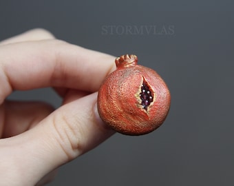 Pomegranate Brooch Garnet Gemstone Floral Polymer Clay Fruit Pomegranate Pin Botanical Vegan Jewelry