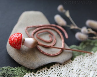 Mushroom Stick Pin Antique Style Plant Shawl Pin Spiral Scarf Pin Vintage Copper Minimalist Pin Fibula Cardigan Clip Knitting Accessory