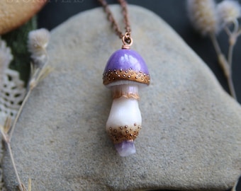 Purple Mushroom Necklace Arts and Crafts Toadstool Fantasy Nature Jewelry Mushroom Steampunk Amanita Antique Style Clay Pendant Art Nouveau