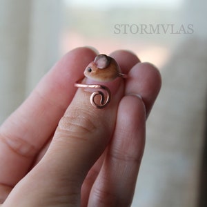 K&ouml;nnte beinhalten: Ein Ring aus Kupferdraht mit einer kleinen, braunen und wei&szlig;en Mausfigur. Der Ring wird an einem Finger getragen.
