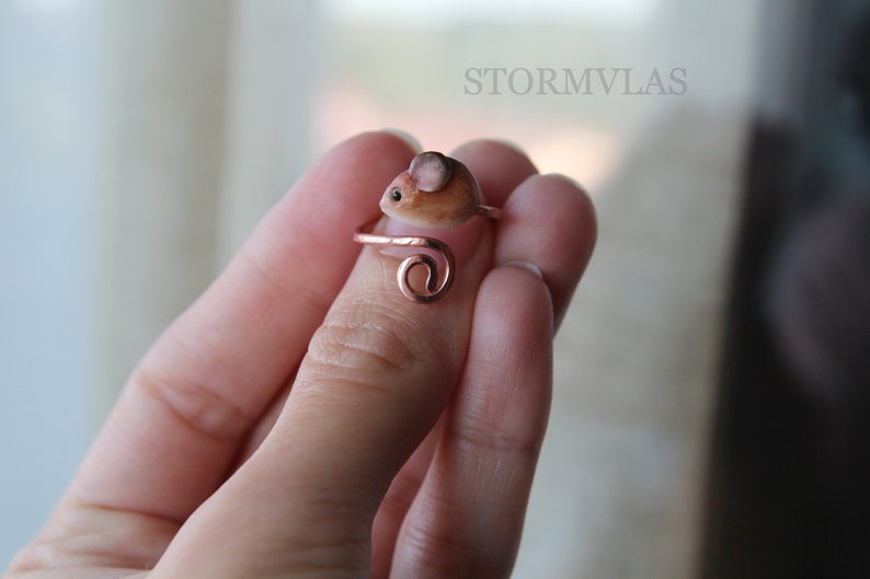 K&ouml;nnte beinhalten: Ein Ring aus Kupferdraht mit einer kleinen, braunen und wei&szlig;en Mausfigur. Der Ring wird an einem Finger getragen.