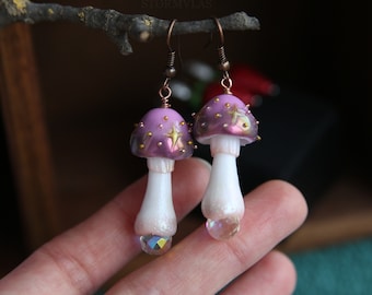Purple Mushroms Hand Sculpted Polymer Clay Earrings Crystal Stars Woodland Inspired Jewelry Forest Goblincore Cottagecore Ornament Earrings