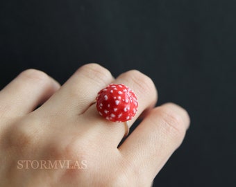 Mushroom Ring Polymer Clay Ring Forets Ring Amanita Mushroom Ring Red Mushroom Ring Cute Adjustable Sterling Silver Ring