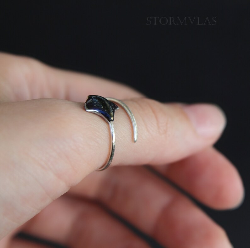 May include: A silver ring with a black stingray design. The ring is adjustable and can be worn on any finger.