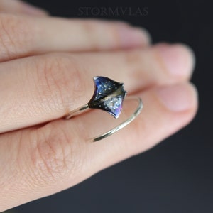 May include: A silver ring with a galaxy-themed stingray charm. The ring is wrapped around a finger.