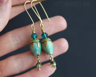 Turquoise Rose Bud Earrings Dangling Turquoise Earrings Art Deco Turquoise Green Floral Gold Brass Earrings