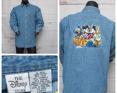 1990s Vintage Disney Store Denim Blue Jean Shirt Size LARGE Mickey, Minnie, Daffy and Friends Embroidered Long Sleeve