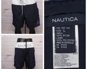 Vintage NAUTICA Men 39 s Size LARGE Colorblock Color Block Navy White Swim Trunks Logo Swimwear