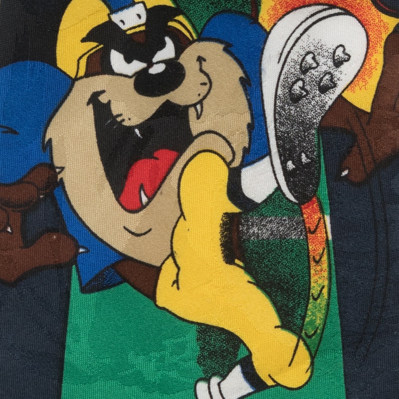 Looney Tunes Tasmanian Devil Punting Football Vintage 1990s Yellow Navy American Football Themed Necktie Made in the USA