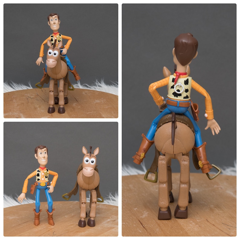 May include: A plastic toy figure of Woody from Toy Story riding a brown horse. Woody is wearing his signature cowboy hat, vest, and jeans. The horse has a brown saddle and bridle.