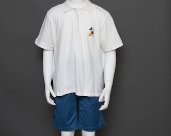 Disney Originals Vintage Mickey Mouse White Short Sleeve Cotton Youth Boys Size LARGE Polo Shirt 1980s Made in the USA