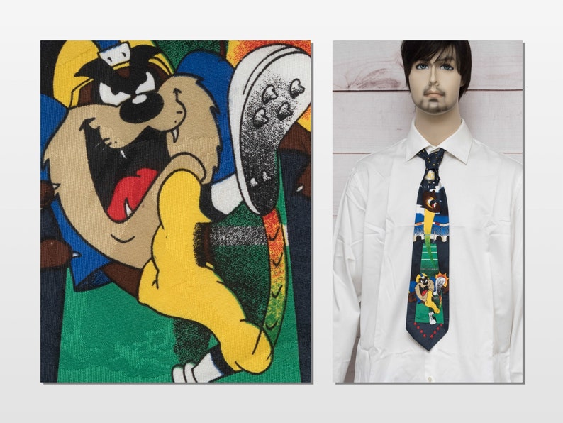 Looney Tunes Tasmanian Devil Punting Football Vintage 1990s Yellow Navy American Football Themed Necktie Made in the USA