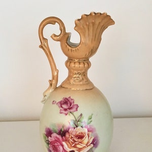 Vintage Vienna Austria Pitcher, Gold Trim Roses, 1940s, 9" Tall