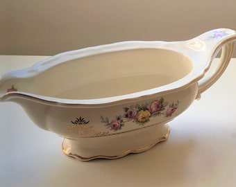 Edwin M KNOWLES China Co ~*~ Gravy Boat or Large Creamer ~*~ 1960s ~*~ Ivory with Gold Trim & Designs ~*~ Yellow Pink Roses ~*~ ELEGANT