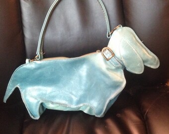 Turquoise Handcrafted Dachshund Leather Purse