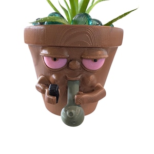 May include: A brown ceramic planter shaped like a face with pink eyelids and a green pipe in its mouth. The planter has a small plant growing out of the top.