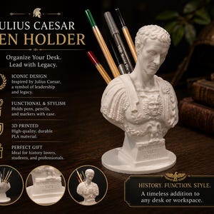 May include: A white 3D-printed Julius Caesar pen holder. The bust-shaped holder has pens and pencils in it. The text on the holder says "Veni Vidi Vici Bruted". The pen holder is a functional and stylish desk accessory.