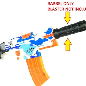 May include: A black Nerf blaster barrel extension with a camouflage design. The barrel is compatible with the Nerf Stryfe blaster. The text "BARREL ONLY BLASTER NOT INCLUDED" is visible in the image.