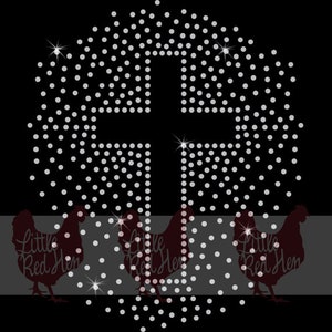 May include: A white cross design made of rhinestones on a black background. The cross is surrounded by a circle of rhinestones. The text "Little Red Hen" appears three times at the bottom of the image.