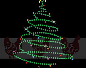 May include: A Christmas tree design made of green dots with colorful ornaments and a yellow star on top. The tree is set against a black background with the words "Little Red Hen" and a silhouette of a hen.