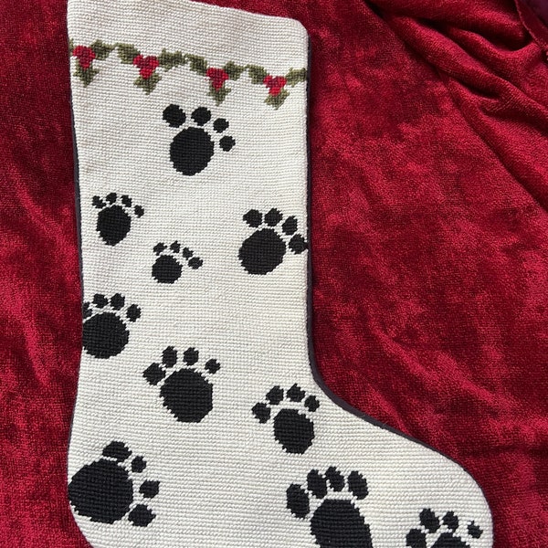 Adorable Pawprints Dog Needlepoint Christmas Stocking 17”long