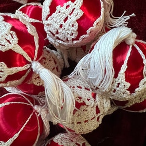 38 red satin white lace covered handmade ball ornaments