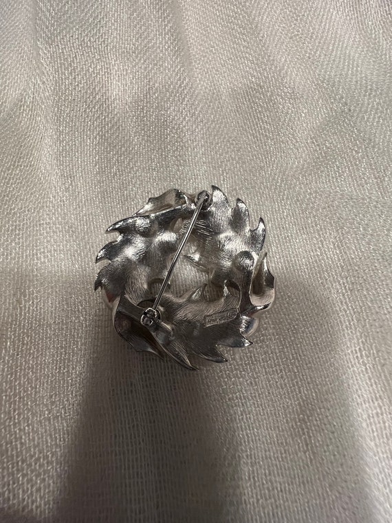 Trifari silver leaf brooch with  a cluster of fau… - image 2