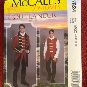 May include: McCall's Outlander costume pattern. The package features two costume options: a red jacket with gold accents and a red vest with gold buttons. The pattern size is MQQ (46-48-50-52).