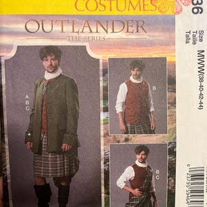 May include: McCall's Costumes Outlander sewing pattern. The pattern features images of a man in historical Scottish attire, including a green jacket, plaid kilt, and boots. The pattern includes multiple views and sizes.