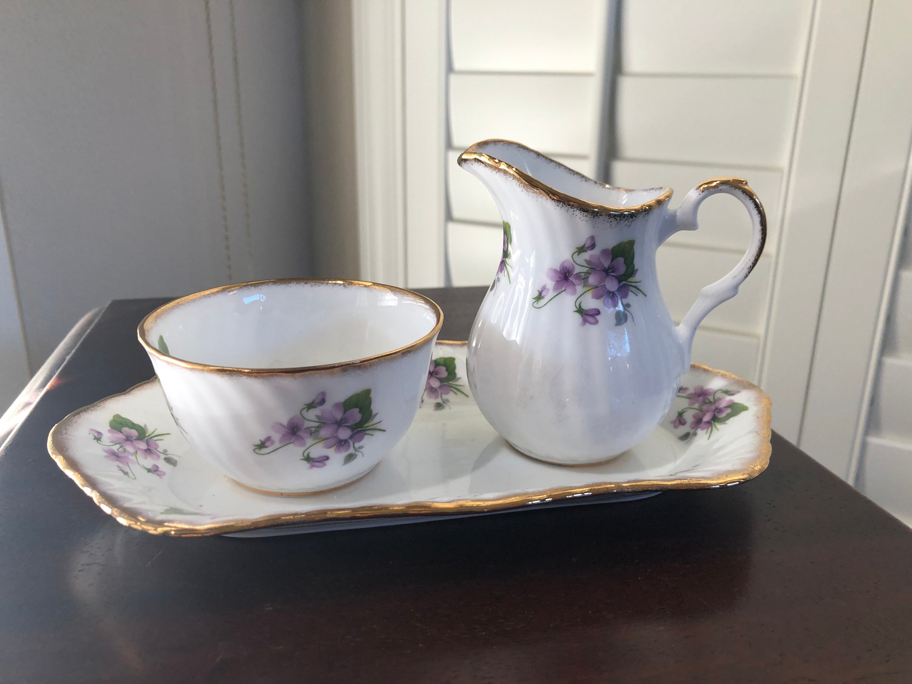 Rosina Fine Bone China Made in England Cream and Sugar Bowl. Violets