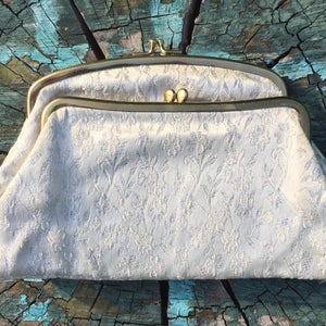 Vintage handbag makeup bag small clutch fold over white and silvery thread 1980's
