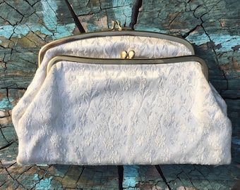 Vintage handbag makeup bag small clutch fold over white and silvery thread 1980's